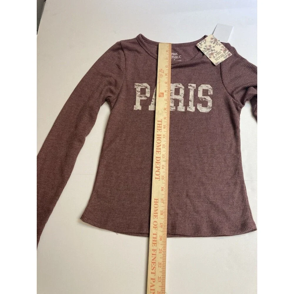 Pink Republic Women's Maroon Paris Graphic Scoop Neck Long Sleeve Knit Top M